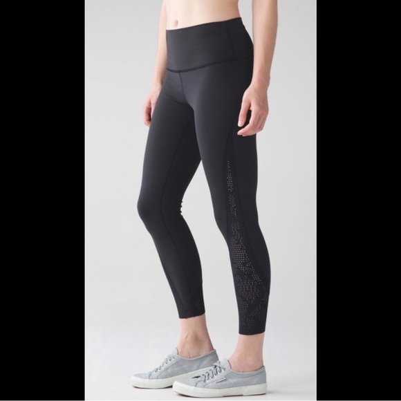 LULULEMON High Times Pants Crop Black Perforated Laser Cut Mesh Rise Near Mint - Picture 4 of 15